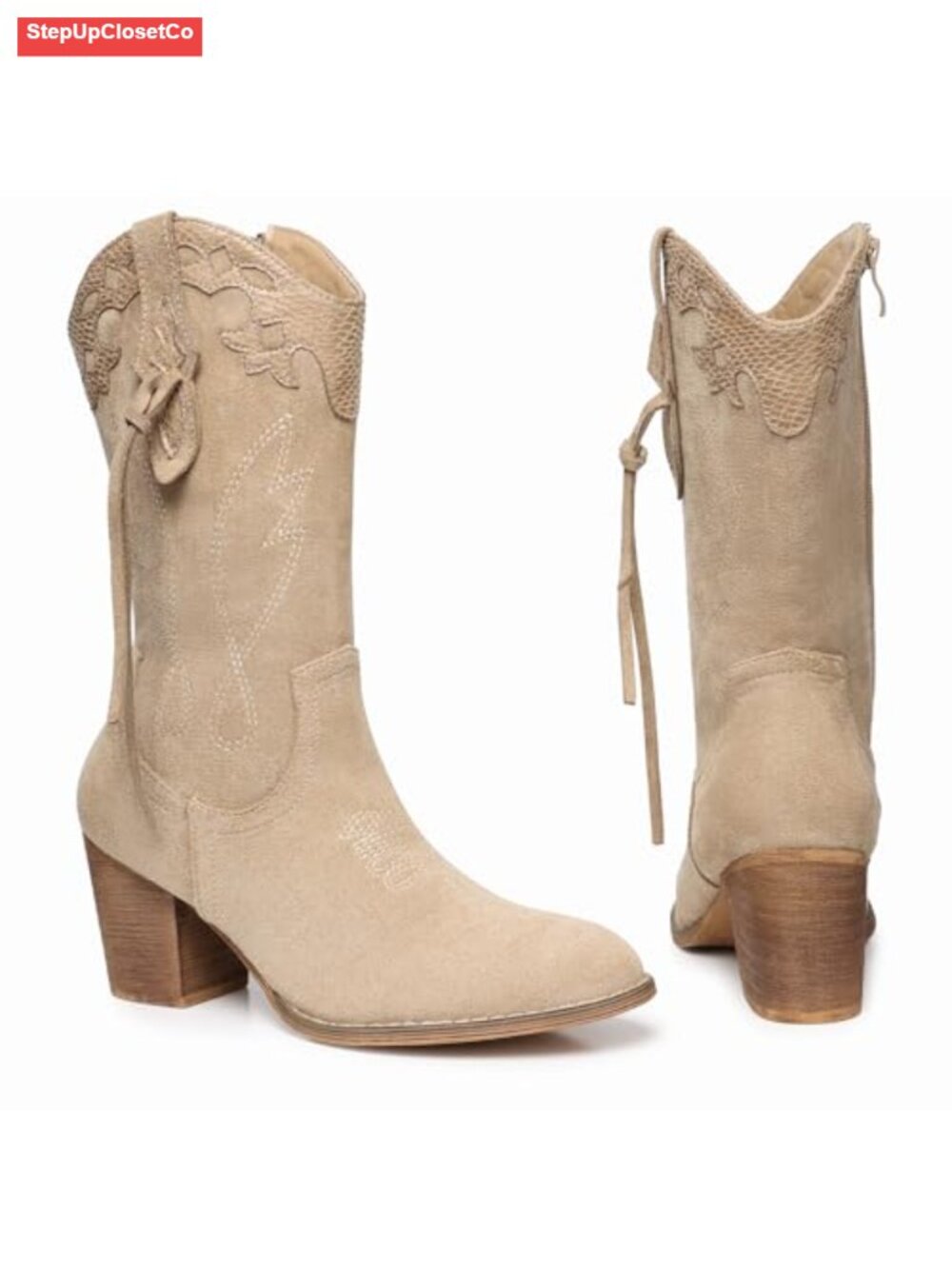 Women's Suede Western Mid Calf Cowgirl Boots for Dancing - Picture 4 of 6